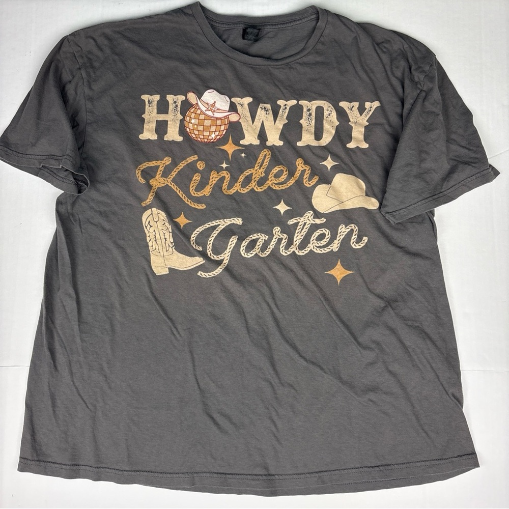 Howdy Kindergarten Adult 2XL Shirt Gray Gildan Soft Cowboy Boots Hat Disco Ball